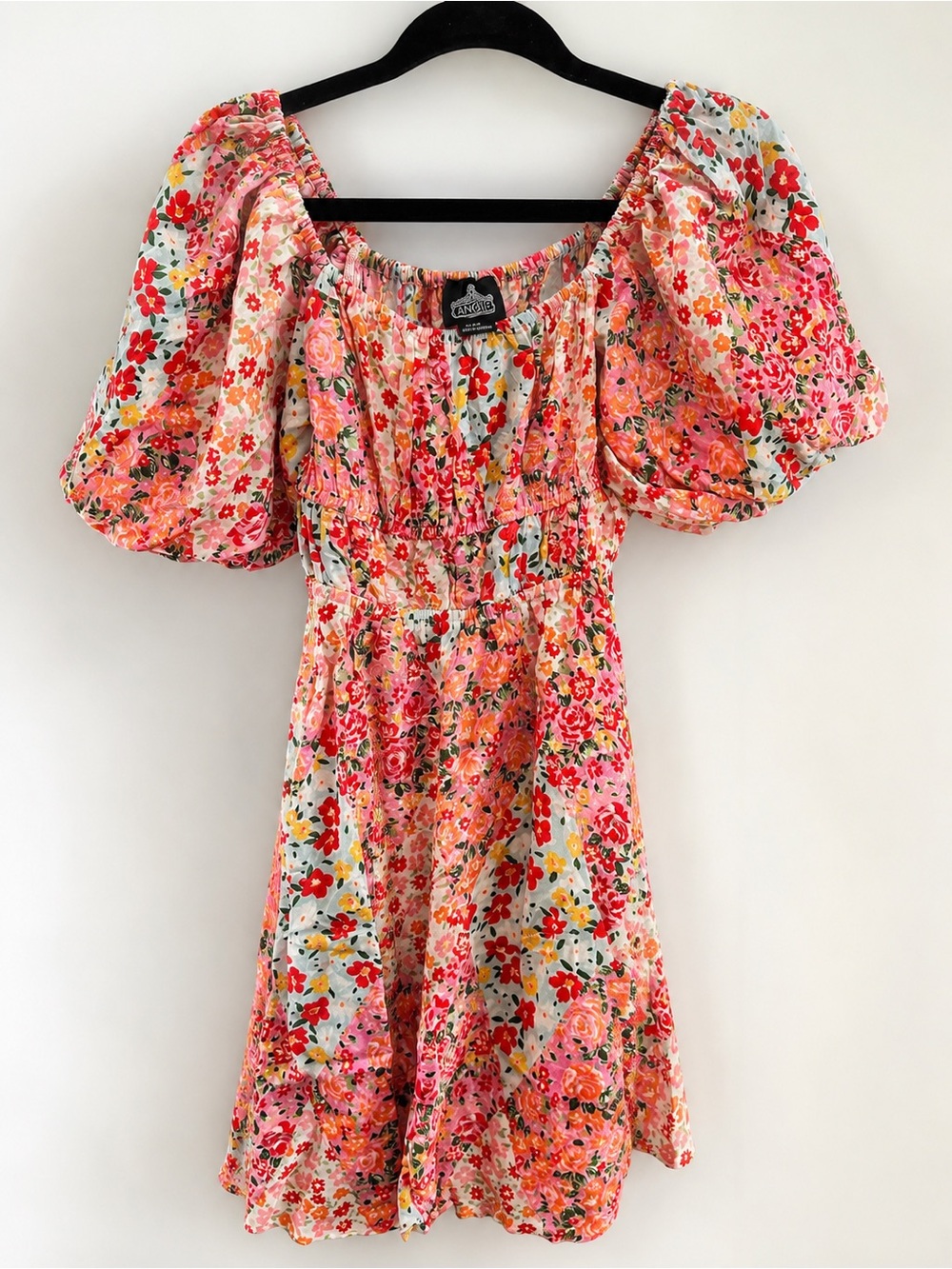 Angie Pink & Red Floral Puff-Sleeve Mini Dress Medium - Picture 1 of 4
